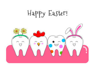 Set of Easter tooth character design. Funny dental cartoon. Happy Easter holiday concept. Vector Illustration isolated on white background.