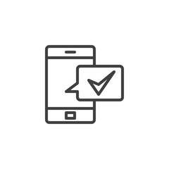 Obraz premium Mobile phone approval message line icon. linear style sign for mobile concept and web design. Smartphone with feedback speech bubble outline vector icon. Symbol, logo illustration. Vector graphics