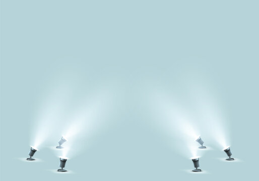 Floor spotlights for studio or stage. Vector realistic glowing floodlights for illumination show, concert or podium. Small spot lamps isolated on green background