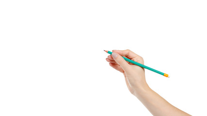 Green pencil with eraser, school equipment. Isolated on white.