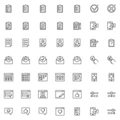 Feedback line icons set. linear style symbols collection, Document reviews and rating outline signs pack. vector graphics. Set includes icons as like and dislike, positive negative feedback, rate star