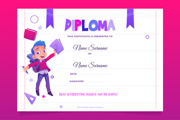 Kids school diploma certificate happy child with book jumping, boy preschool or kindergarten graduation document, creative template with place for filling name cartoon vector illustration