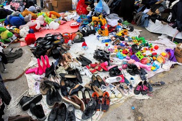 Second hand items for sale at street market in Athens, Greece
