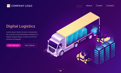 Digital logistics isometric landing page. Truck delivery datum blocks, modern technological freight, datum. Smart forklift loading cargo to warehouse, futuristic logistic service 3d vector web banner