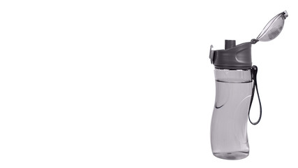 Gray sport water bottle, drinking equipment. Isolated.