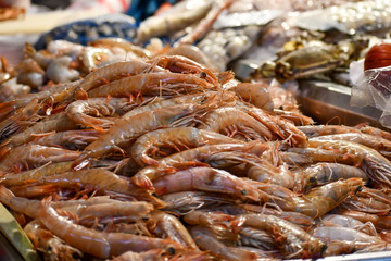 Raw fresh shrimp on sale in a Fish Market.