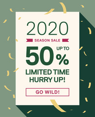 Discount Coupon 50% 2020 Season Sale. Limited Time Special Offer Promo Campaign Web Banner. Creative Vector Illustration Email announcement Modern Design Template. Nature Colors. 50% Off Banner.