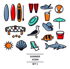 Summer Icons Black line set Travel, vacation and weekend Isolated Vector illustration