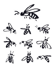 Bees Black Vector Illustrations Isolated objects Hand drawing Sketch style