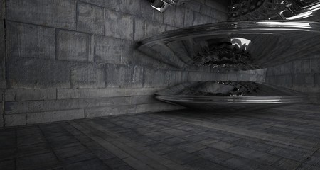 Architectural background. Abstract concrete interior with smooth chrome discs. 3D illustration and rendering.