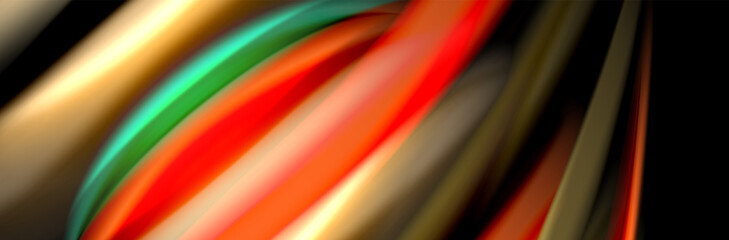 Silk and smooth flow wave poster design. Color waves, liquid style lines and shapes in black color background