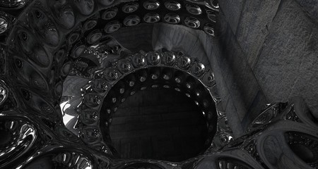 Architectural background. Abstract concrete interior with smooth chrome discs. 3D illustration and rendering.