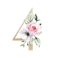 Gold number 4  isolated on white background with watercolor painting flowers and leaf. Perfectly for wedding invitation, birthday card, logo, poster and other floral design. 