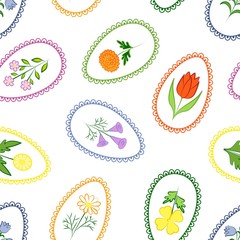  Easter seamless pattern. Multicolored Easter eggs decorated with drawings of spring flowers. Decor element. Vector illustration.