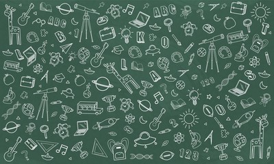 Concept of education School chalkboard with different stuff. Welcome back to school design vector. © photoraidz