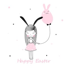 Easter themed cute kids characters in cartoon style. Girl with bunny ears and Holding a rabbit-shaped ball. eggs hunt, Colourful Easter graphics. t-shirt print, wall art, postervector design
