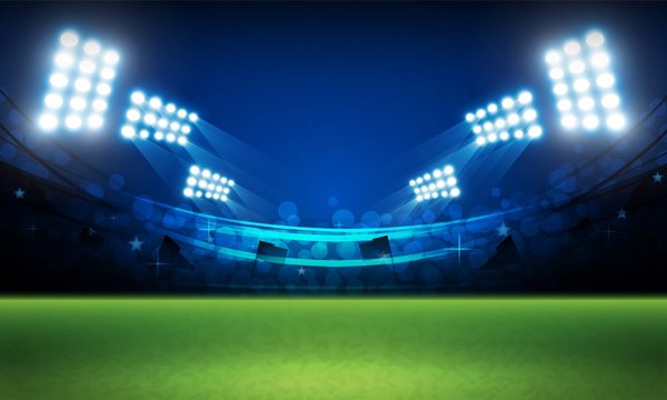 Football arena field with bright stadium lights vector design Vector illumination