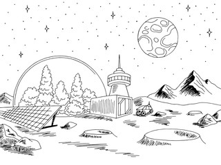 Colony planet graphic black white space landscape sketch illustration vector
