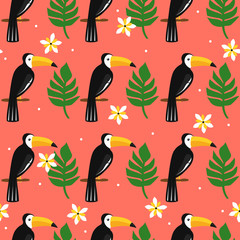 Obraz na płótnie Canvas Seamless pattern, birds, palm leaves, flowers, hand drawn overlapping backdrop. Colorful background vector. Cute illustration, toucans. Decorative wallpaper, good for printing