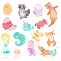 Cute funny kawaii animals. Flat style illustration