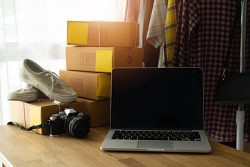 Workplace laptop computer selling online start up small business owner, e-commerce ideas concept