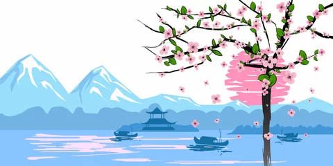 Chinesische traditionelle oder japanische Landschaft, mit Pagode und Bergen, blühender Baum © hadeev