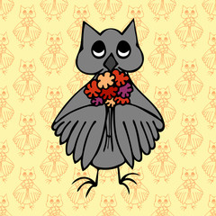 Hand drawn owl with flowers. Seamless pattern. Vector illustration. EPS 10