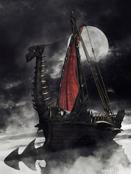 Night Scene With A Viking Ship In The Shape Of A Dragon Sailing Through The Sea. 3D Render.