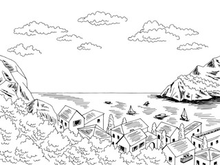 Town sea graphic black white bay landscape sketch illustration vector