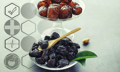  Healthy and proper nutrition for life. Healthy foods. Dried fruits for diet. Prunes, dates, raisins and figs.