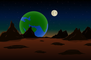 View of Earth and Moon from Mars. Martian landscape. Vector illustration.