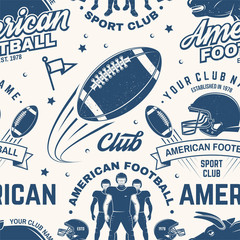 American football seamless pattern, background. Vector. Seamless sport pattern with bull, sportsman player, helmet, ball and shoulder pads silhouette. American football sport club texture. © sivvector