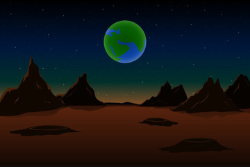 Obraz premium View from Mars to Earth. Martian landscape. Vector illustration.