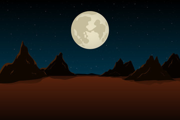 Full moon in mountains. Night landscape. Vector.