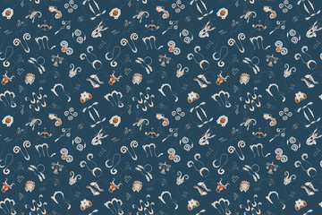 Seamless pattern of twelve zodiac symbols on the background of the night sky with constellations. Astrological endless texture of zodiacal doodles drawn by hand.  For fabric, phone cases etc. Vector.