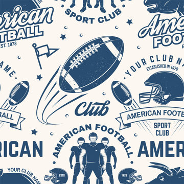 American football seamless pattern, background. Vector. Seamless sport pattern with bull, sportsman player, helmet, ball and shoulder pads silhouette. American football sport club texture.