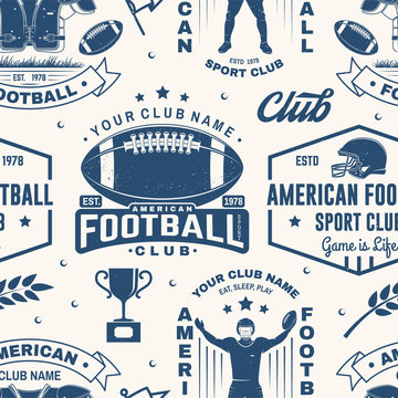 American football seamless pattern, background. Vector. Seamless sport pattern with sportsman player, helmet, ball and shoulder pads silhouette. American football sport club texture.