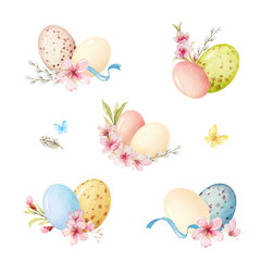 Happy Easter vector watercolor set with arrangement of flowers and eggs.