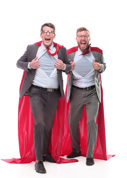 in full growth. two screaming businessman in superhero capes.