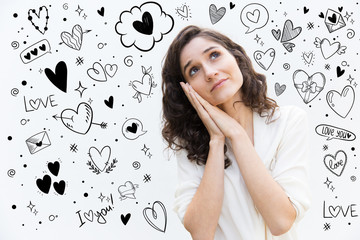 Smiling woman showing sleep gesture. Serene attractive lady daydreaming while looking up. Sleeping concept