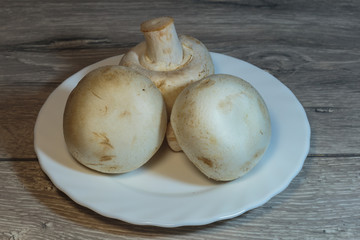 Raw champignon heap ready for cooking. Fresh agaricus on a dish.