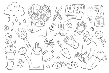 Gardening collection, garden gear, woman working in garden, doodle outline illustration, collection of vector illustrations, flowers, watering can and equipment for gradeners, set of clip arts