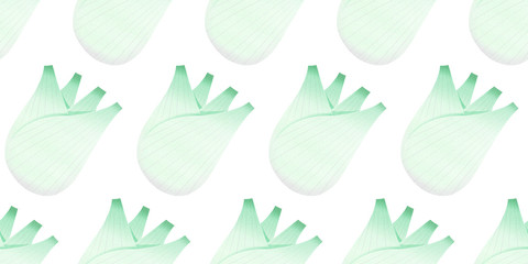 Hand drawn color fennel seamless pattern. Organic fresh vegetable illustration isolated on white background. Retro vegetable botanical background.