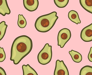 :Vector illustration of avocado on a pink background. Tropical summer exotic fruits. Avocado background.Use for print, textile, posters, wallpapers, cards, prints and websites.