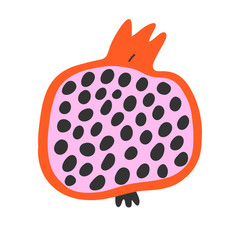 Pomegranate fruit isolated, vector drawing, cute cartoon illustration. set. Good as icon or logo, fresh summer fruit, half granate with seeds.