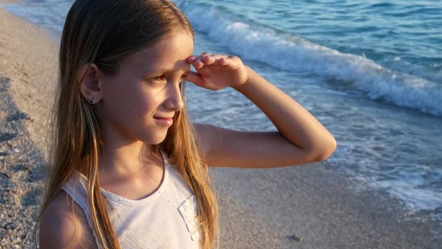 Kid Playing on Beach in Sunset, Child Watching Sea Waves, Girl Portrait on Shore
