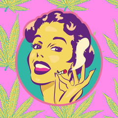 Smiling woman on cannabis leaf background - 327488705