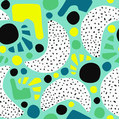 Seamless pattern abstract collage contemporary turquoise lime yellow white green yellow teal shapes. Modern puzzle background. Happy print for home decor, fabric, packaging , surface pattern design