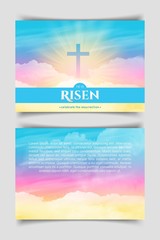 Christian religious design for Easter celebration. Two-sided horizontal flyer. Text: He is risen, shining Cross and heaven with white clouds.