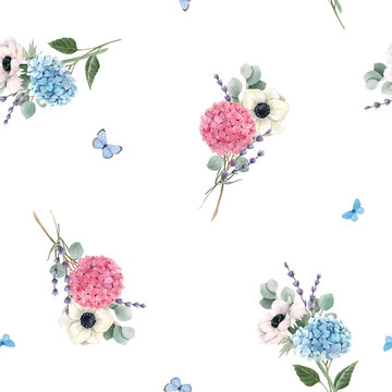 Beautiful vector seamless pattern with watercolor pink, blue, violet hydrangea flowers and white anemones with lavander. Stock illustration. Floral background.
